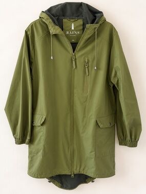 RAINS Olive Green Long Hooded Waterproof Raincoat Parka XS/S